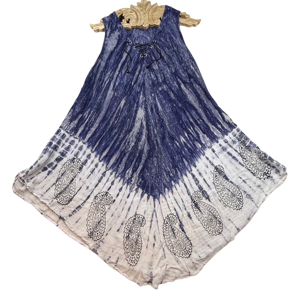 Royal Paisley Tie Dye Sharkbite Hem Lace Up Sleeveless Tunic OS boho peasant